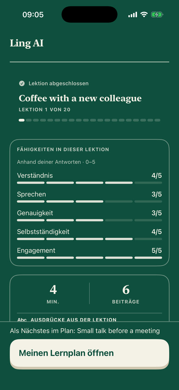Ansicht Lektion geschafft: Bewertungen für Verständnis, Sprechen, Genauigkeit, Selbstständigkeit und Beteiligung