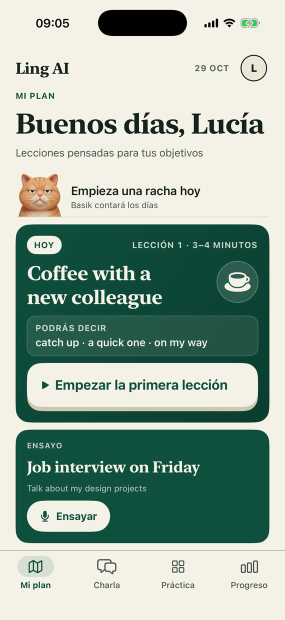 Pantalla Mi plan: la lección de hoy y, debajo, Ensayo – Sophia recuerda la entrevista del viernes y propone practicarla