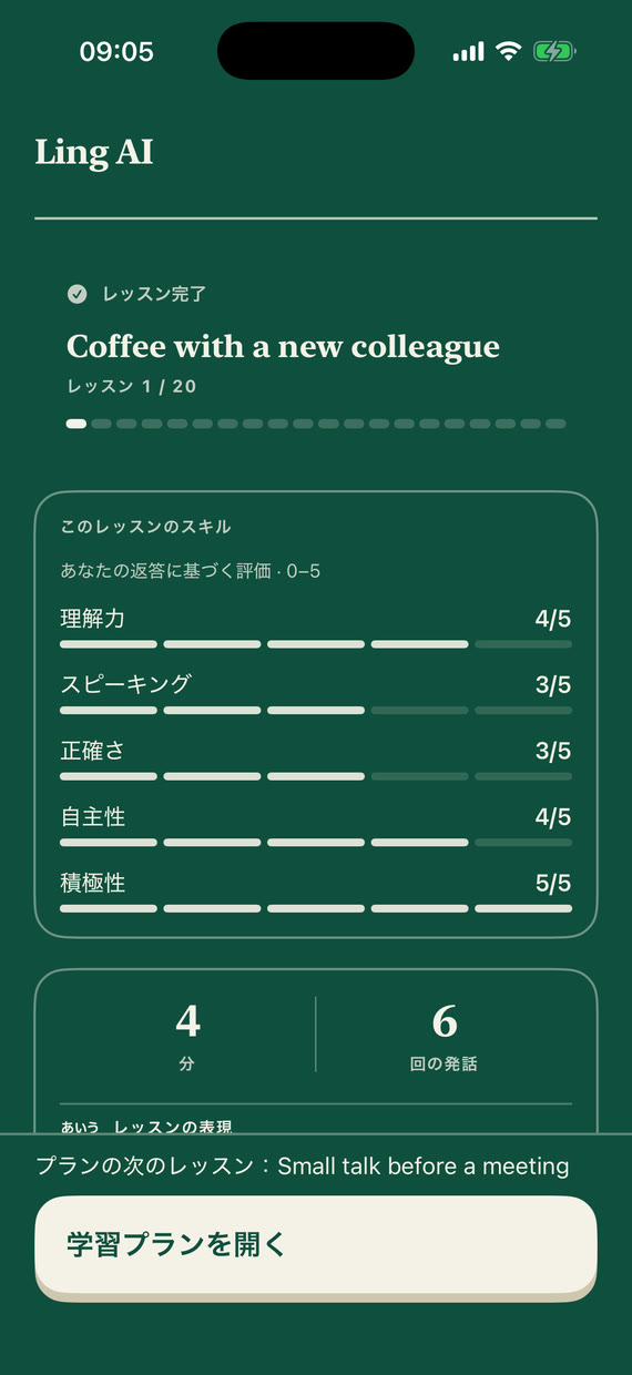 レッスンクリア画面:理解力、スピーキング、正確さ、自立度、積極性の評価