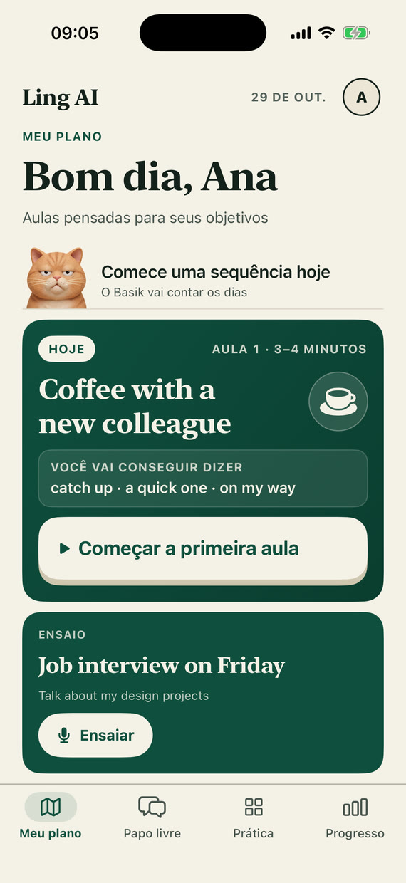 Tela Meu plano: a aula de hoje e, abaixo, Ensaio – Sofia lembrou da entrevista de emprego na sexta e oferece um ensaio